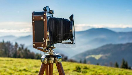 old antique bellows film camera on wooden tripod taking picture of landscape, outdoors photography, close up side rear view of camera