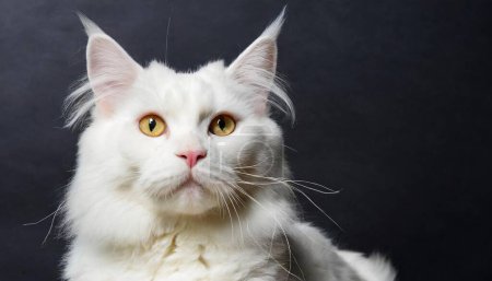 Retrato de Maine Coon gato blanco puro doméstico con ojos amarillos anaranjados - 2 años de edad. Lindo gato joven tendido con fondo negro y mirando a la cámara.
