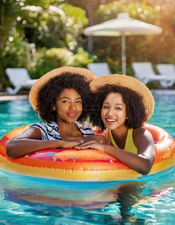 Blick auf zwei junge Frauen mittleren Alters, die es sich im Sommer in einem Pool gemütlich machen und mitschuldig in die Kamera schauen. Freundinnen. paar lgbtq Konzept