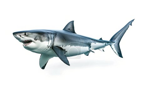 Photo for Great white shark - Carcharodon carcharias - full view while swimming, face and teeth visible isolated on white background all fins and gills showing - Royalty Free Image