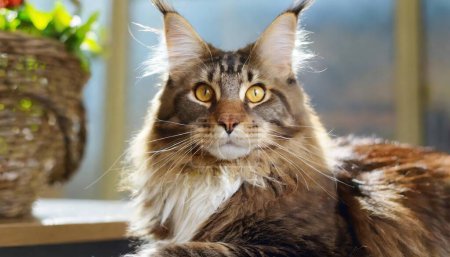 Portrait of domestic Maine Coon kitten - 9 months old. Cute young cat sitting in front of window and looking at camera. Curious young striped tabby kitty
