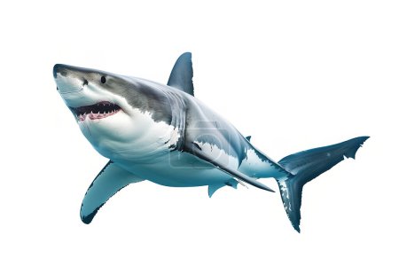 Photo for Great white shark - Carcharodon carcharias - full view while swimming, face and teeth visible isolated on white background all fins and gills showing - Royalty Free Image