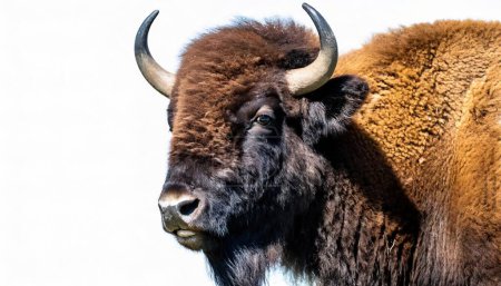 Foto de Los bisontes o búfalos salvajes americanos - bisontes - son animales terrestres más grandes de América del Norte de pie mirando la cara de la cámara y el primer plano de la cabeza aislados sobre un fondo blanco - Imagen libre de derechos