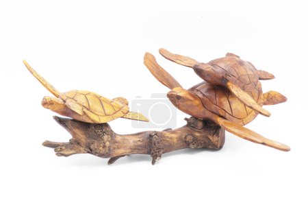 Sea Turtle turtles hand crafted wood carving sculpture statue swimming on drift wood isolated on white background flippers extended out beautiful craftmanship with detail and texture, natural finish