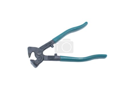 Photo for Heavy duty tile nippers cutter tool with green blue rubber grip handles tool used to nip or remove small amounts of a hard material to fit around an odd irregular shape.  Isolated on white background - Royalty Free Image