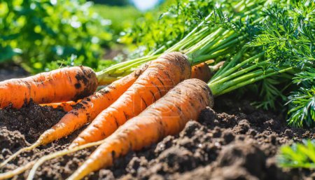 Téléchargez les photos : La carotte - Daucus carota - est une plante herbacée de la famille des Apiaceae qui produit une racine pivotante comestible fraîche cueillie dans un sol riche en nutriments, de la saleté, de la terre prête à laver, à rincer et à manger - en image libre de droit