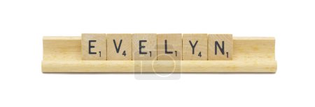 Konzept der beliebten neugeborenen Mädchen Vorname von EVELYN mit quadratischen Holzfliesen englischen Buchstaben mit natürlicher Farbe und Maserung auf einem Holzständer auf weißem Hintergrund isoliert