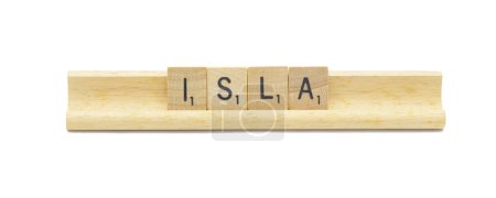 Miami, FL 4-18-24 popular baby girl first name of ISLA made with square wooden tile English alphabet letters with natural color and grain on a wood rack holder isolated on white background