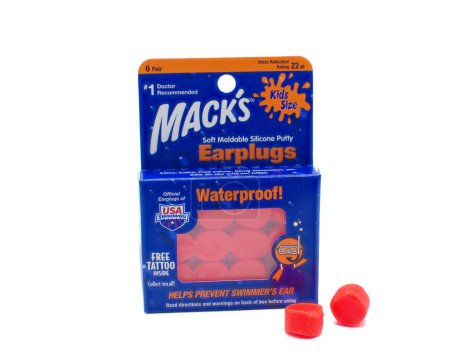 Photo for Ocala, FL 5-3-24 package box of orange Macks Soft Mold Silicone Putty Ear Plugs  Kids Size,  Earplugs for Swimming, Bathing, Travel, Loud Events and Flying. Isolated on white background - Royalty Free Image
