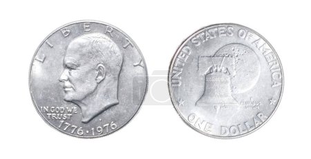 1776 - 1976 D Denver Mint Dwight D. Eisenhower IKE Liberty Bell mit Mond Silber auf der Rückseite One Dollar Us Bicentennial Silbermünze. Gott vertrauen wir isoliert auf weißem Hintergrund auf beiden Seiten