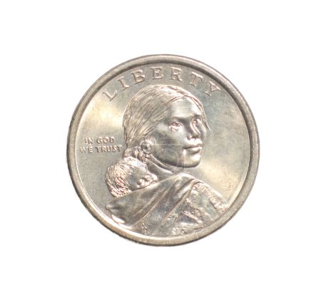 2011 Sacagawea Dollar Coin WAMPANOAG TREATY 1621 carrying her young son, Jean Baptiste. obverse side with hands of Supreme Sachem Ousamequin Massasoit and John Carver, symbolically offering peace pipe