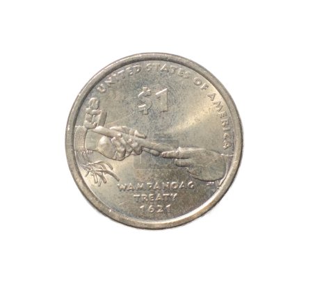2011 Sacagawea Dollar Coin WAMPANOAG TREATY 1621 carrying her young son, Jean Baptiste. reverse side with hands of Supreme Sachem Ousamequin Massasoit and John Carver, symbolically offering peace pipe