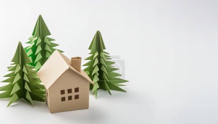 Photo for Small home downsizing concept paper origami isolated on white background with green trees with copy space for rural living moving away from the city to a quiet environment with less population - Royalty Free Image