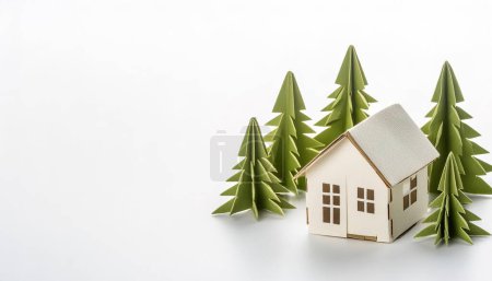 Photo for Small home downsizing concept paper origami isolated on white background with green trees with copy space for rural living moving away from the city to a quiet environment with less population - Royalty Free Image