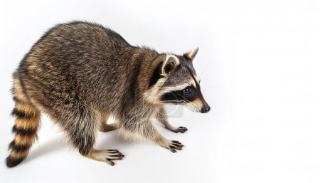 Raccoon or racoon - Procyon lotor - a mammal native to North America. It is the largest of the procyonid family with a black face mask and dark rings around the tail. Isolated on white background