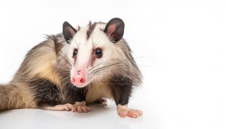 Jeune opossum virginien ou opossum - Didelphis virginiana - un mammifère marsupial nocturne avec une poche, isolé sur un fond blanc et regarde la caméra.