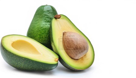 avocado, alligator pear or avocado pear - Persea americana - whole and half prized for its large and unusually oily fruit and known for a huge pit seed, isolated on white background