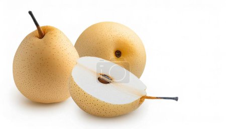 Asian pear - Pyrus pyrifolia - have a high water content and a crisp, grainy texture, commonly served raw and peeled. The fruit tends to be quite large and fragrant. isolated on white background