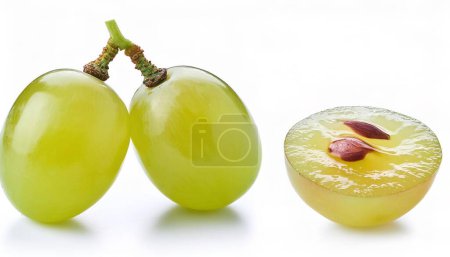 fresh whole Green bunch, cluster or group of Thompson table seedless grapes, isolated on white background.  various angles including half with seed. sweet edible fruit. full sharp focus depth of field