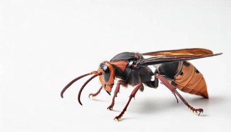 Asian, Northern or Japanese giant hornet - Vespa mandarinia - aka Murder hornet. Isolated on white background side profile view. Found in isolated places in Western United States and caused fear