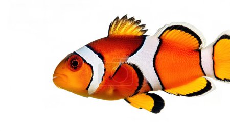 Ocellaris pez payaso o pez anémona - Amphiprion ocellaris - amarillo, naranja, o un color rojizo o negruzco, y muchos muestran barras o parches blancos. popular en acuarios, aislado sobre fondo blanco