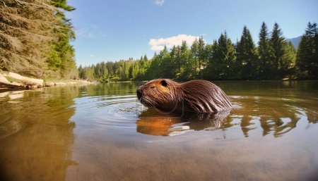 Wassersäugetier-Konzept mit Wasser und Bäumen Hintergrund eines Bibers - Castor canadensis - große Nagetiere in Nordamerika gefunden