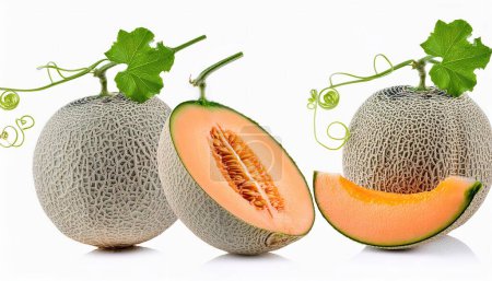 North American cantaloupe or musk melon, rock melon,  spanspek - Cucumis melo - is a type of true melon, eaten as a fresh fruit, as a salad, or as a dessert with ice cream or custard isolated on white