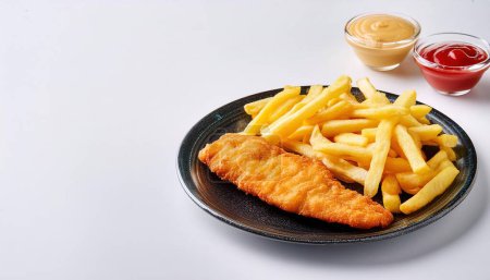 Fish and chips is a hot dish of fried fish in batter, served with chips or french fries.  Malt vinegar, ketchup,  catsup, tartar sauce are common dipping sauces.  isolated on white background
