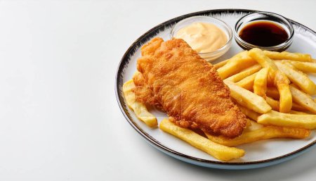 Fish and chips est un plat chaud de poisson frit en pâte, servi avec des frites ou des frites. Le vinaigre de malt, le ketchup, le catsup, la sauce tartare sont des sauces à tremper courantes. isolé sur fond blanc