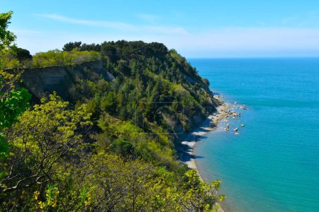 View of the Moon bay at the coast of the Adriatic sea in spring at Strunjan nature reserver in Littoral region of Slovenia
