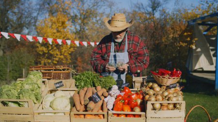 Photo for Senior farmer seller stands at the stall with fruits and vegetables, counts cash money. People shopping at local farmers market. Autumn fair. Organic food. Agriculture. Points of sale system. - Royalty Free Image