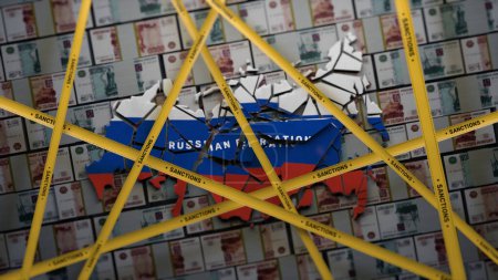 Téléchargez les photos : 3D render concept of finance world sanctions against the Russian oligarchs gas and oil embargo. Visualization of the map of collapsed Russia. Yellow tape with inscription. Money on background. - en image libre de droit