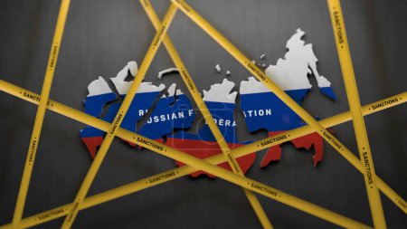 Téléchargez les photos : 3D render concept of finance, oil and gas sanctions embargo against Russian Federation. Visualization of map of Russia split into parts covered with yellow tape. Decay and crisis in Russia. Stop war. - en image libre de droit