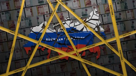 Téléchargez les photos : 3D render of map of collapsed Russia into different parts covered with yellow tape. 3D render concept of finance sanctions against the Russian oligarchs gas and oil embargo. Money on background. - en image libre de droit