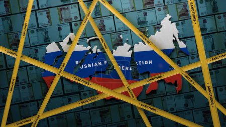 Téléchargez les photos : 3D render concept of finance global sanctions against the Russian oligarchs gas and oil embargo. Visualization of the map of Russia and its disintegration into pieces. Yellow tape with inscription. - en image libre de droit