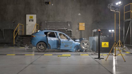 Foto de 3D animation of eco-friendly electric vehicle experimental crash test in a laboratory. Simulation of traffic accident. Testing new generation car for checking and changing the safety parameters. - Imagen libre de derechos