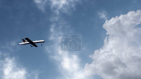 Photo for 3D animation of military drone flight. Combat drone on military mission. Cloudy sky on background. Remotely-piloted aircraft. Concept of using modern UAV technology for military battles or in war. - Royalty Free Image