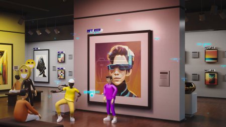 Téléchargez les photos : 3D render of avatars with emotions icons in futuristic immersive virtual museum. Exhibition of NFT pictures in meta universe. Technologies and innovations. Concept of metaverse, cyberspace - en image libre de droit