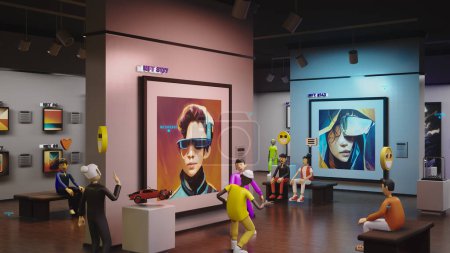 Photo for 3D render of avatars with emotions icons in futuristic immersive virtual museum. Exhibition of NFT pictures in meta universe. Technologies and innovations. Concept of metaverse, cyberspace - Royalty Free Image