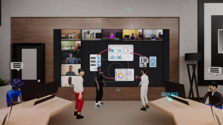 Téléchargez les photos : 3D render of Business conference in futuristic virtual office. 3D avatars with icons talk with people by video. Developing mobile app. Technologies of future in business. Concept of metaverse and - en image libre de droit