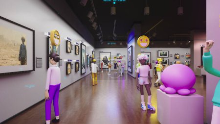 3D render of avatars with emotions icons looking at the NFT pictures in meta universe. Futuristic immersive virtual museum gallery. Technologies of future. Concept of metaverse, cyberspace and digital