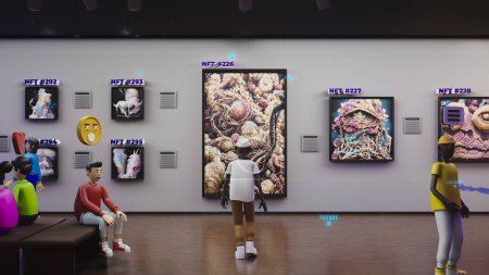Photo for 3D render of exhibition of NFT pictures in meta universe. 3D avatars with emotions icons walk in futuristic immersive virtual museum. Technologies of future. Concept of metaverse, cyberspace and - Royalty Free Image