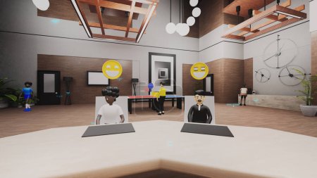 Photo for 3d render of avatars with icons talk and plan company business strategy. Business conference or meeting in futuristic virtual modern office. Technologies of future. Concept of metaverse and virtual - Royalty Free Image