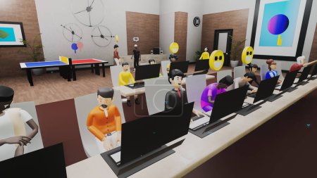 Foto de 3d render of avatars on web sites development training. IT company with virtual workers. Futuristic modern office with computers. Technologies of future. Concept of coworking, metaverse and virtual - Imagen libre de derechos