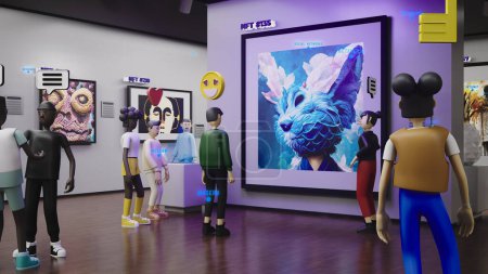 3D Render of avatars with emotions icons walk in futuristic immersive virtual museum. Exhibition of NFT pictures in meta universe. Technologies of future. Concept of metaverse, cyberspace and digital