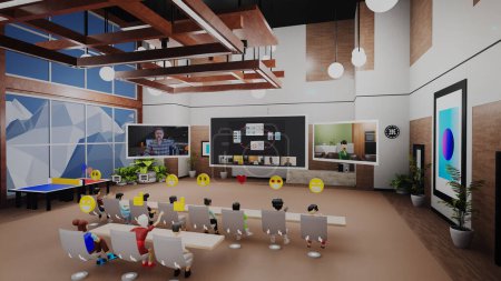 Photo for 3D render of avatars with icons present new business product by video call with team of people. Business conference in futuristic virtual office. Concept of metaverse, digital world and technologies - Royalty Free Image