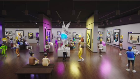 Photo for 3D Render of Exhibition of NFT pictures in meta universe. 3D avatars with emotions icons spend time in futuristic immersive virtual museum. Technologies of future. Metaverse, cyberspace and digital - Royalty Free Image
