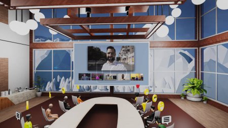 Photo for 3D render of avatars with icons have video call with CEO and discuss business product. Business conference in futuristic virtual office. Future technologies in business. Concept of metaverse and - Royalty Free Image
