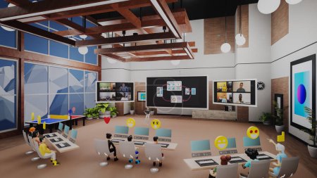 Photo for 3d render of business conference in futuristic virtual office. 3D avatars with icons discuss business product with real people by video. Technologies of future in business. Concept of metaverse and - Royalty Free Image