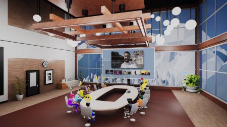 Photo for 3D render of avatars with icons have video call with CEO and discuss business product. Business conference in futuristic virtual office. Future technologies in business. Concept of metaverse and - Royalty Free Image